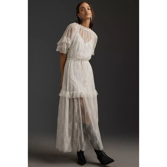 Anthropologie Dresses & Skirts - NWT Anthropologie Let Me Be Short-Sleeve Ruffle Maxi Dress L Lace White Romantic